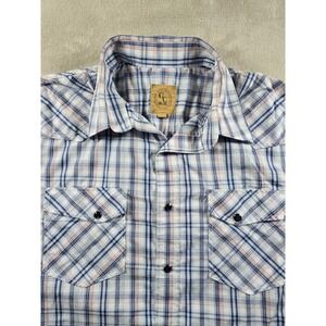 GC Blue Shirt Mens LT Plaid Western Short Sleeve Pearl Snap Vintage Collection